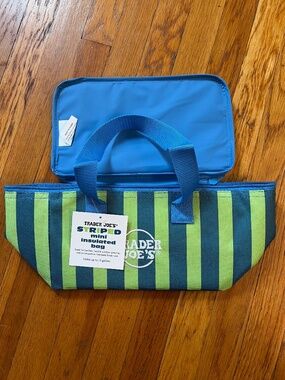 TRADER JOES NWT Mini Insulated Striped Bag Lunch Bag Blue Green Box